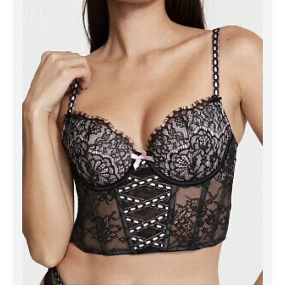 Victoria's Secret NWT lightly lined corset lace top, Black/pink, Size M